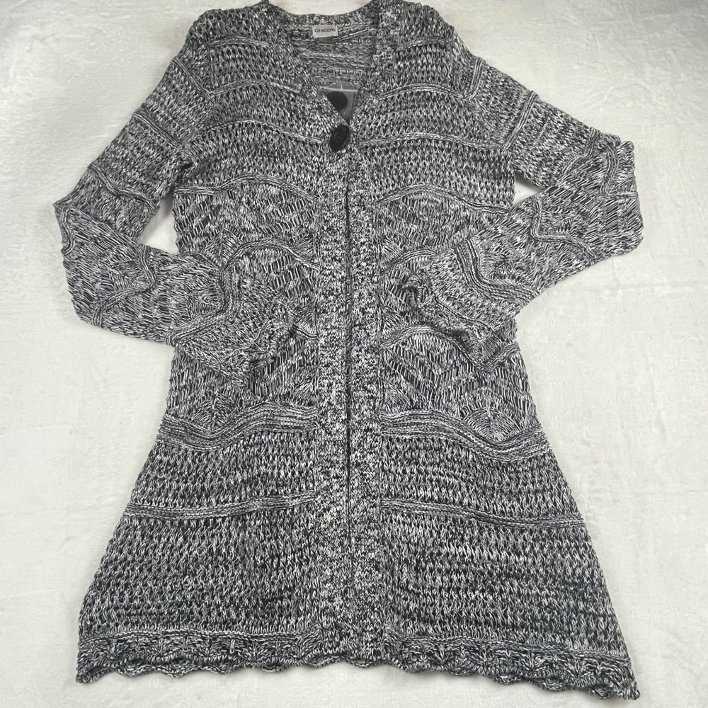Chico's Winter Haven Shiloh Black White Marled Knit Cardigan Duster‎ Size 3 L/XL